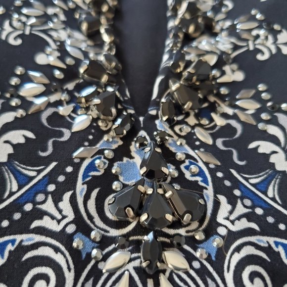 White House Black Market Black & Blue Paisley Print Embellished Dress XS - Picture 6 of 11